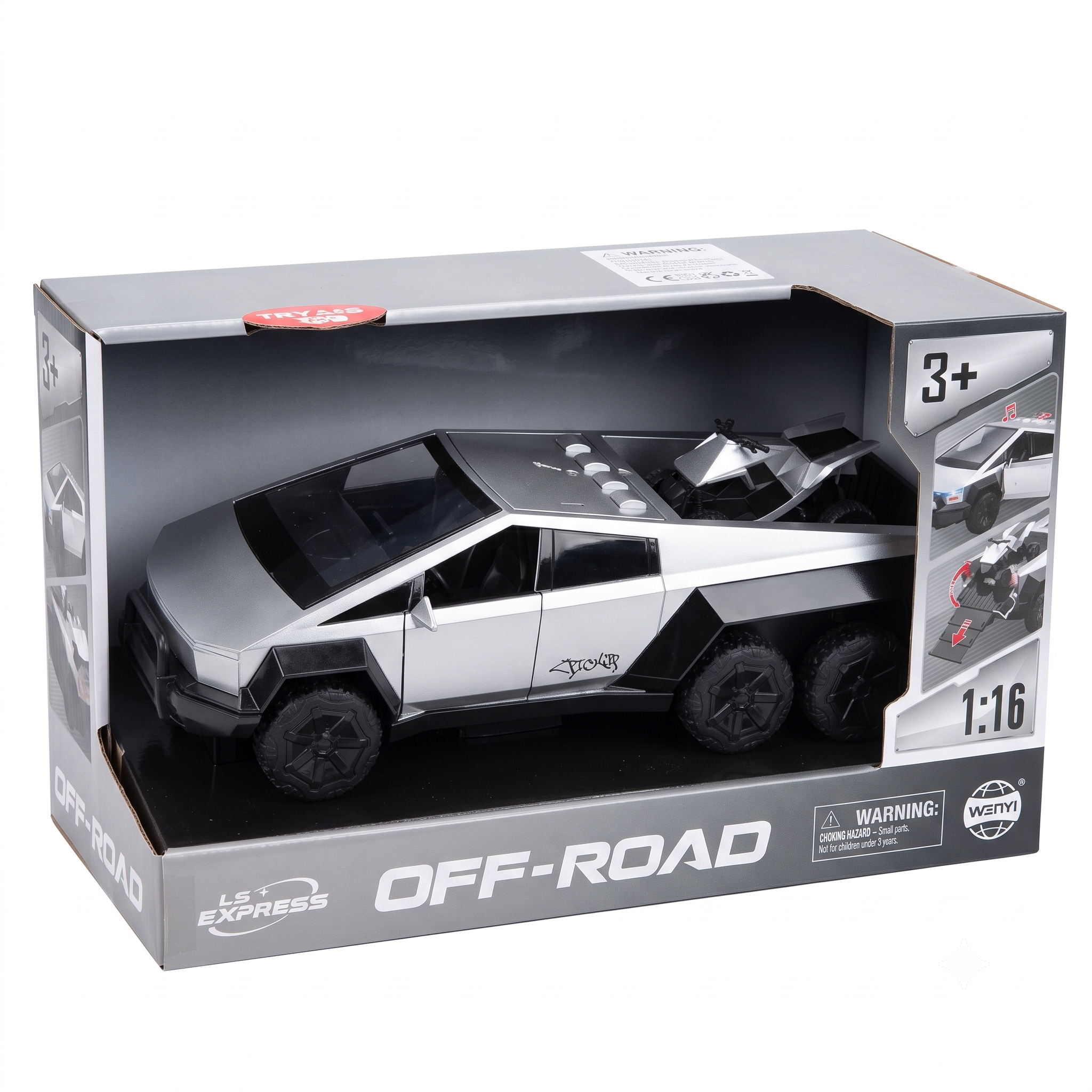 Cybertruck 1:24 scale silver diecast pickup toy with opening doors and sound light features