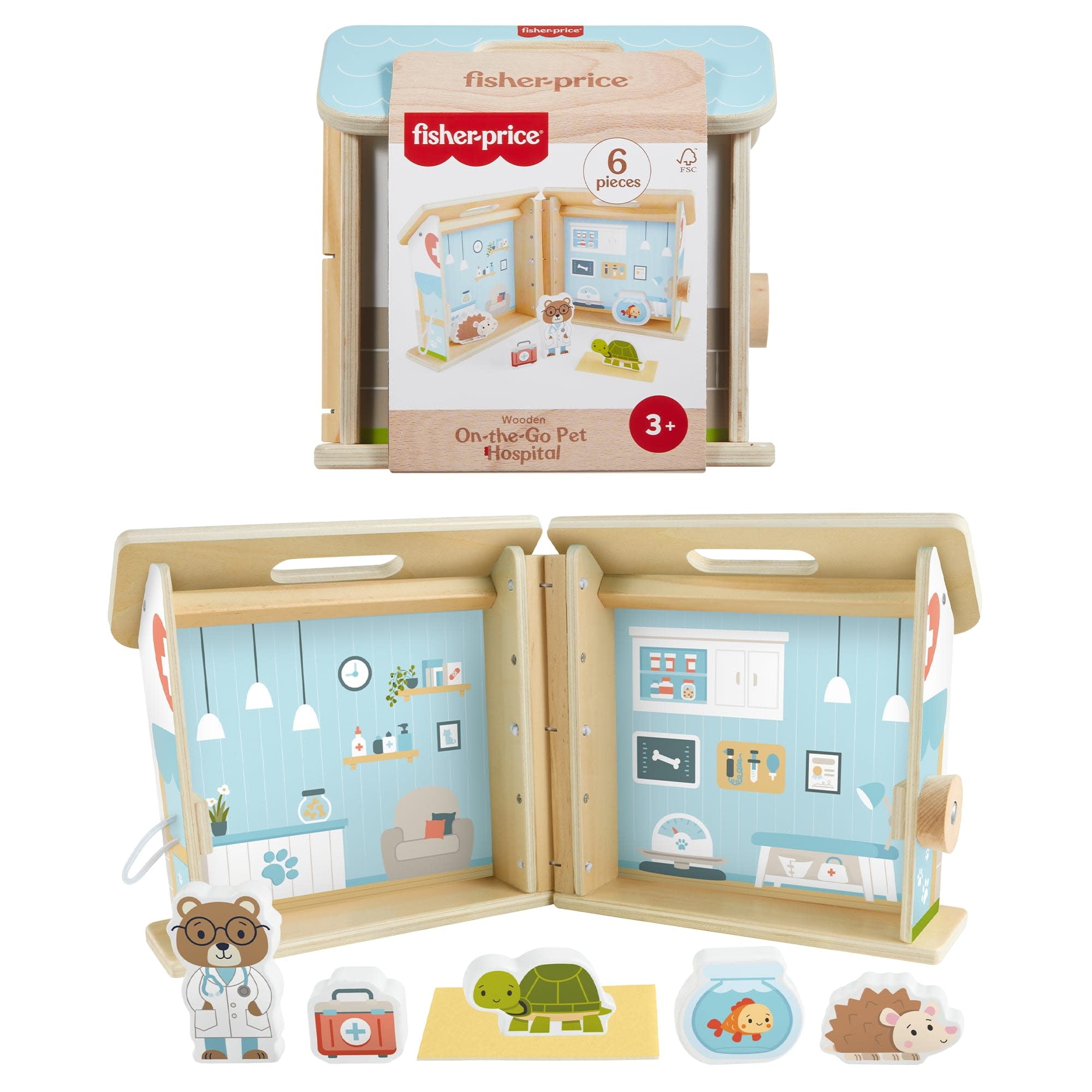 Fisher-Price Wooden On-The-Go Pet Animal Hospital Dollhouse with 6 Play Pieces for Preschool Kids Ages 3 and up