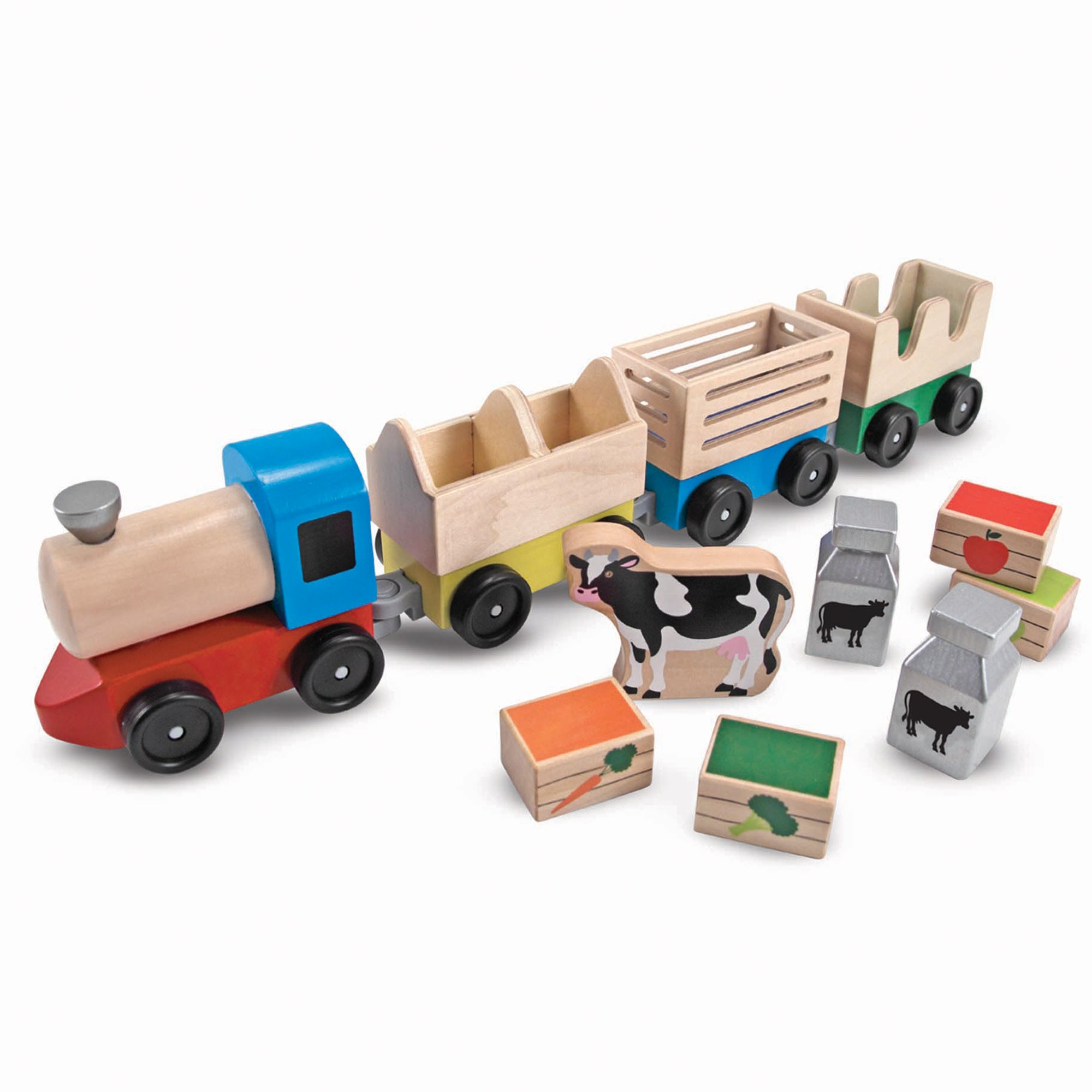 Melissa & Doug Wooden Farm Train Set with engine, 3 linking cars and farm cargo