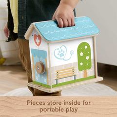 Fisher-Price Wooden On-The-Go Pet Animal Hospital Dollhouse with 6 Play Pieces for Preschool Kids Ages 3 and up