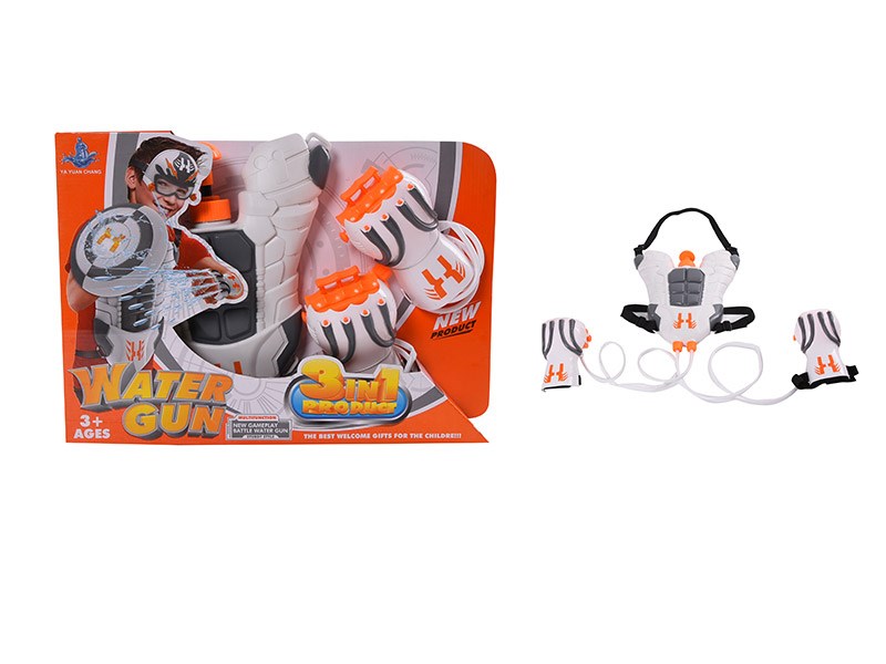 Wearable water gun backpack blaster set with arm-mounted shooters for outdoor play