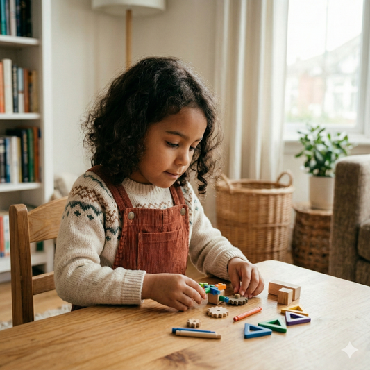 Preschool child solving a puzzle and building a STEM toy that supports critical thinking and independent learning