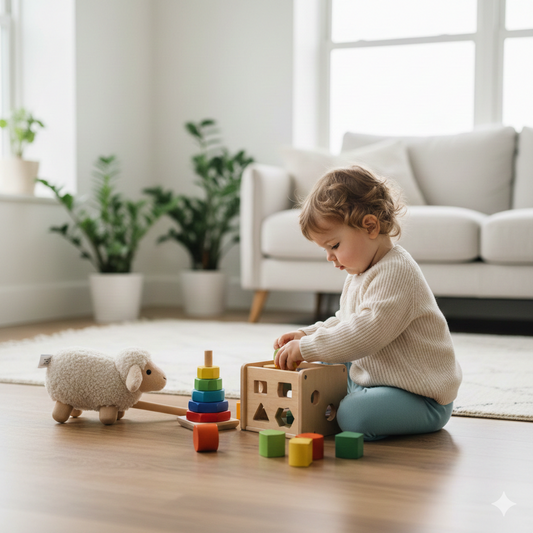 A toddler exploring educational toys that support early development and safe play at home