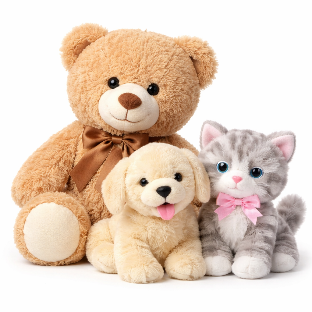 Soft and cuddly plush toys including animal, character, and baby plush