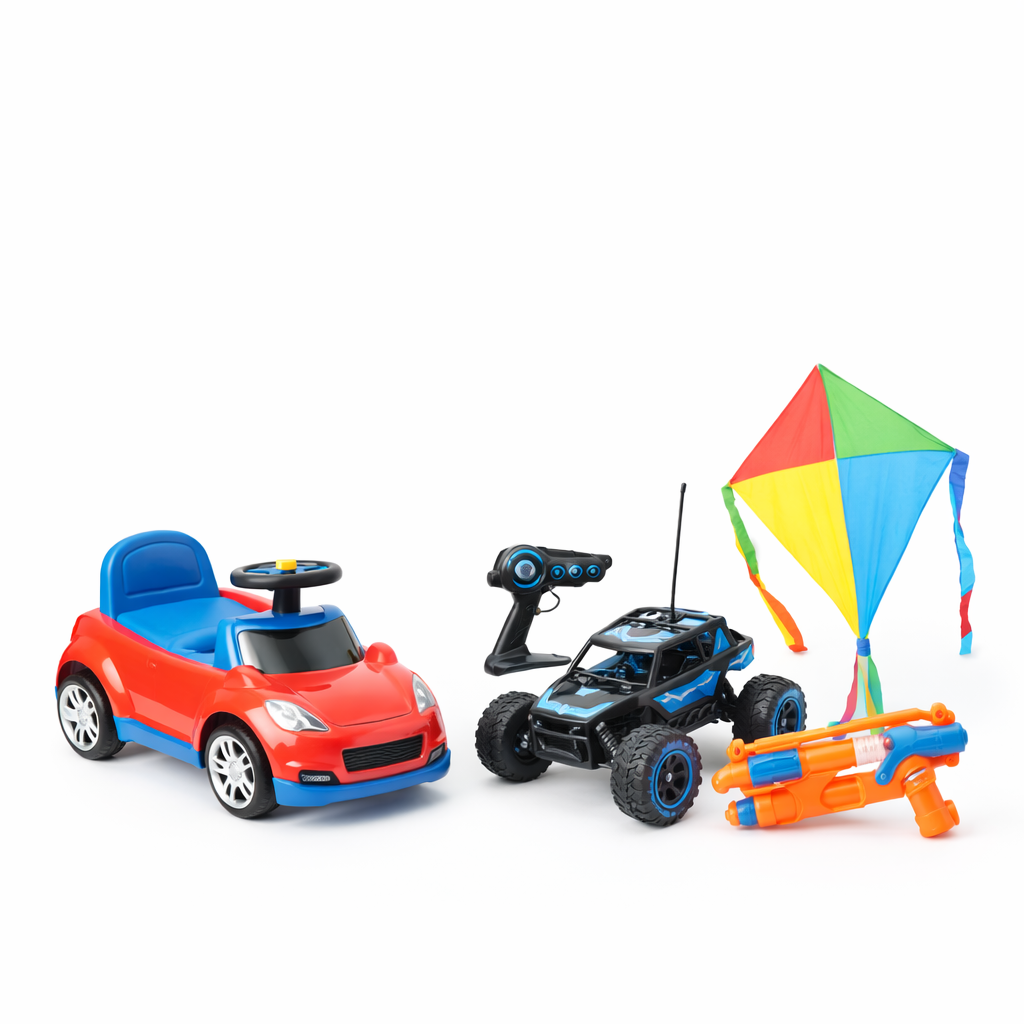Ride-on vehicles, remote control car, and outdoor play toys for active kids on white background