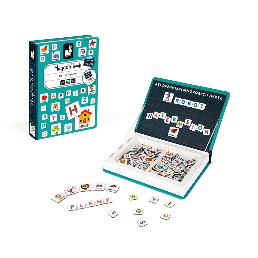 Janod English Alphabet Magneti'Book magnetic spelling game with illustrated word magnets and alphabet letters