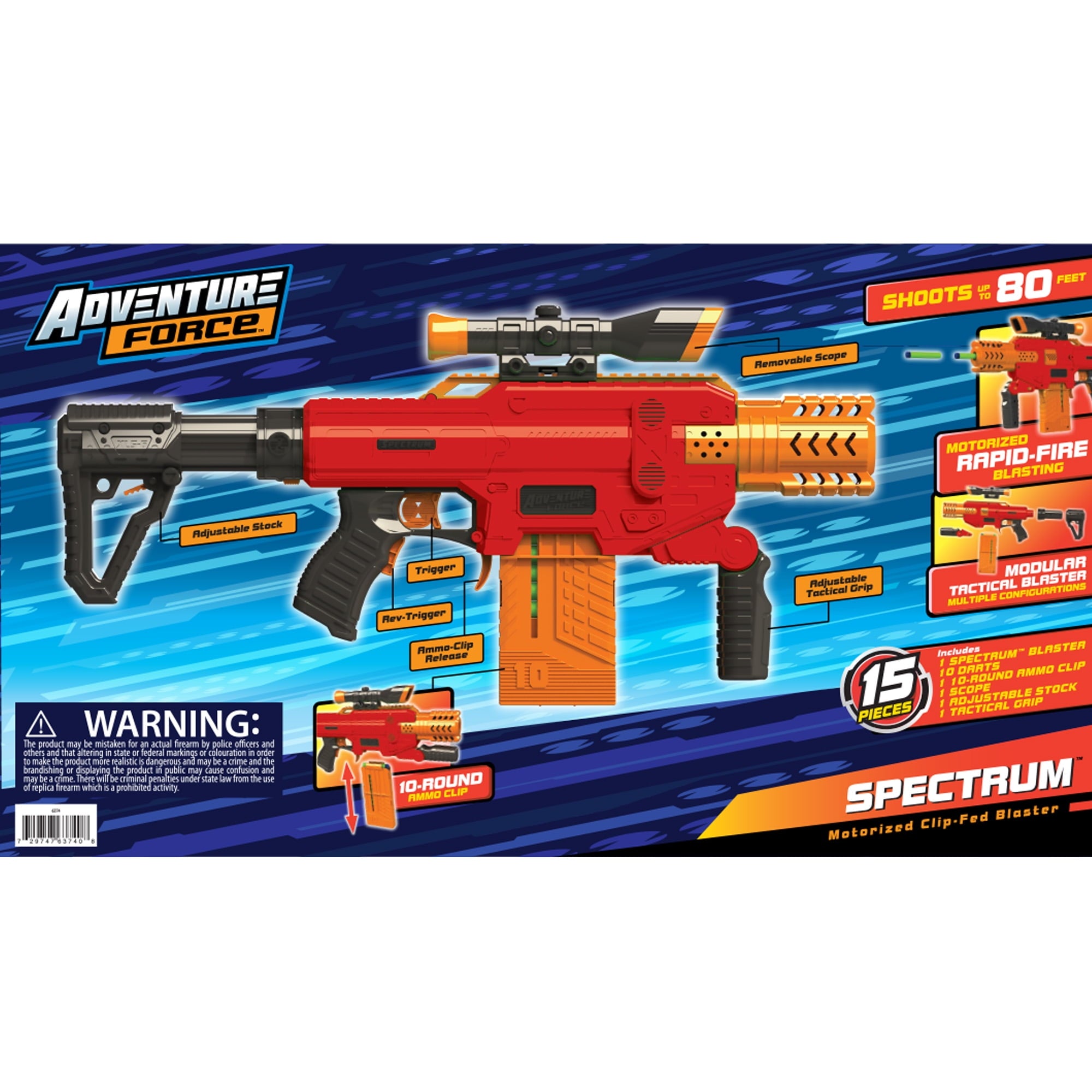 Adventure Force Spectrum, Motorized Clip-Fed Semi-Auto Blaster with 10 Round Universal Ammo Clip and 10 Waffle Tip Darts Compatible with Most Standard Full-Length NERF Elite and XShot Darts