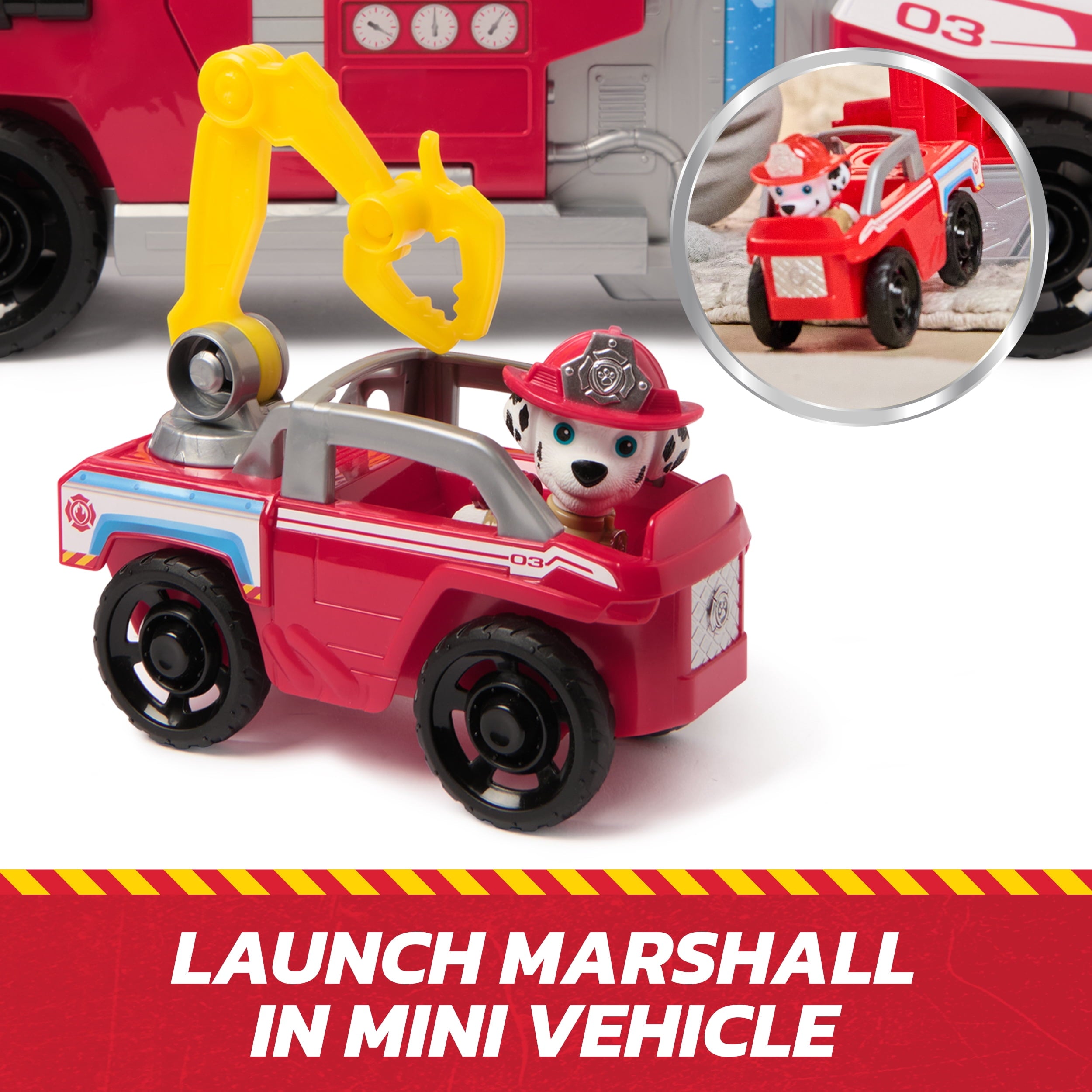 PAW Patrol Fire Rescue: Rapid Reload Fire Truck with Marshall, Projectile Launcher, Mini Vehicle & Sound Fx, for Kids 3+