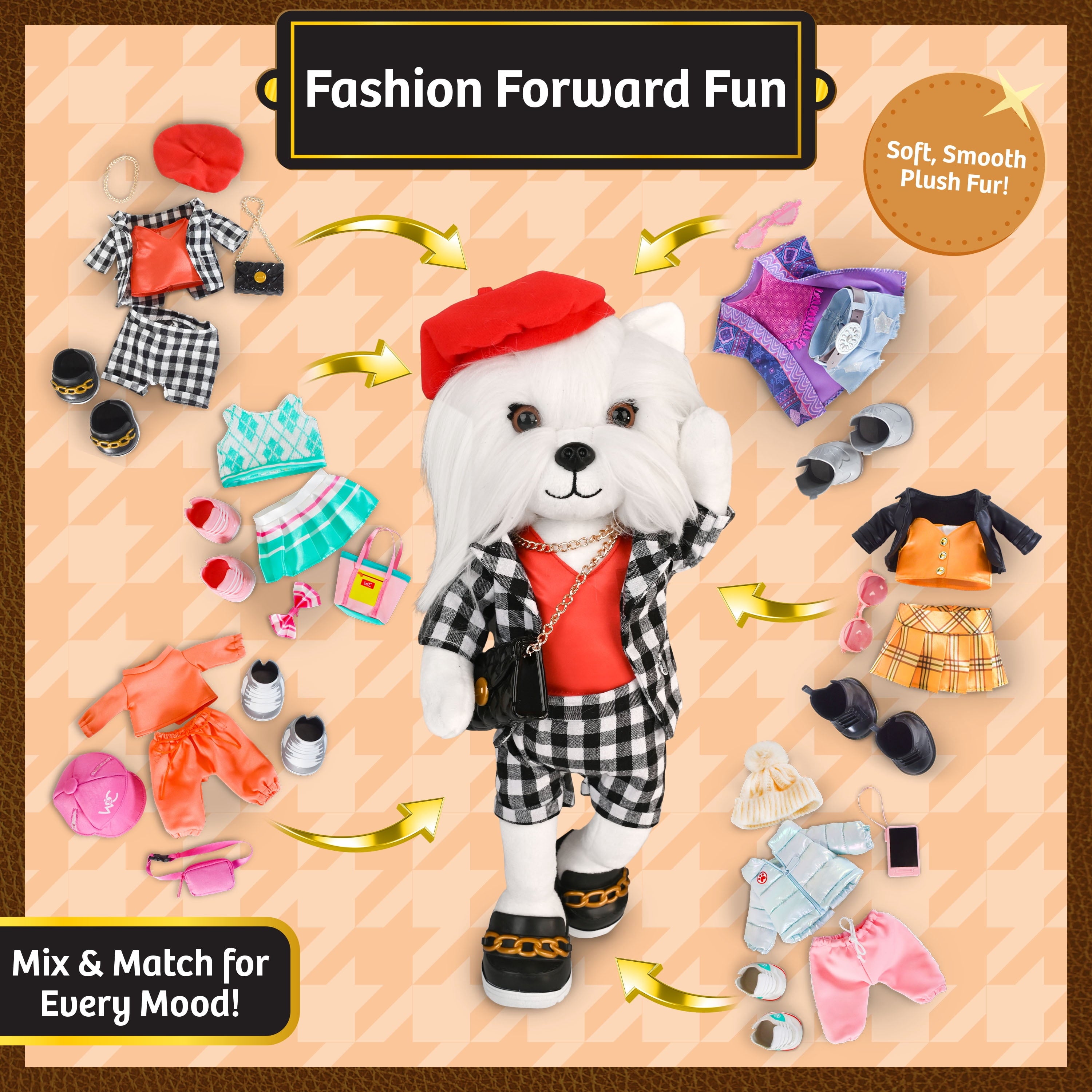 Woof & Co 15-inch Fashion Doll – Lily The Poseable Plush Shih Tzu with Removable Outfit & Accessories, Children Ages 3+