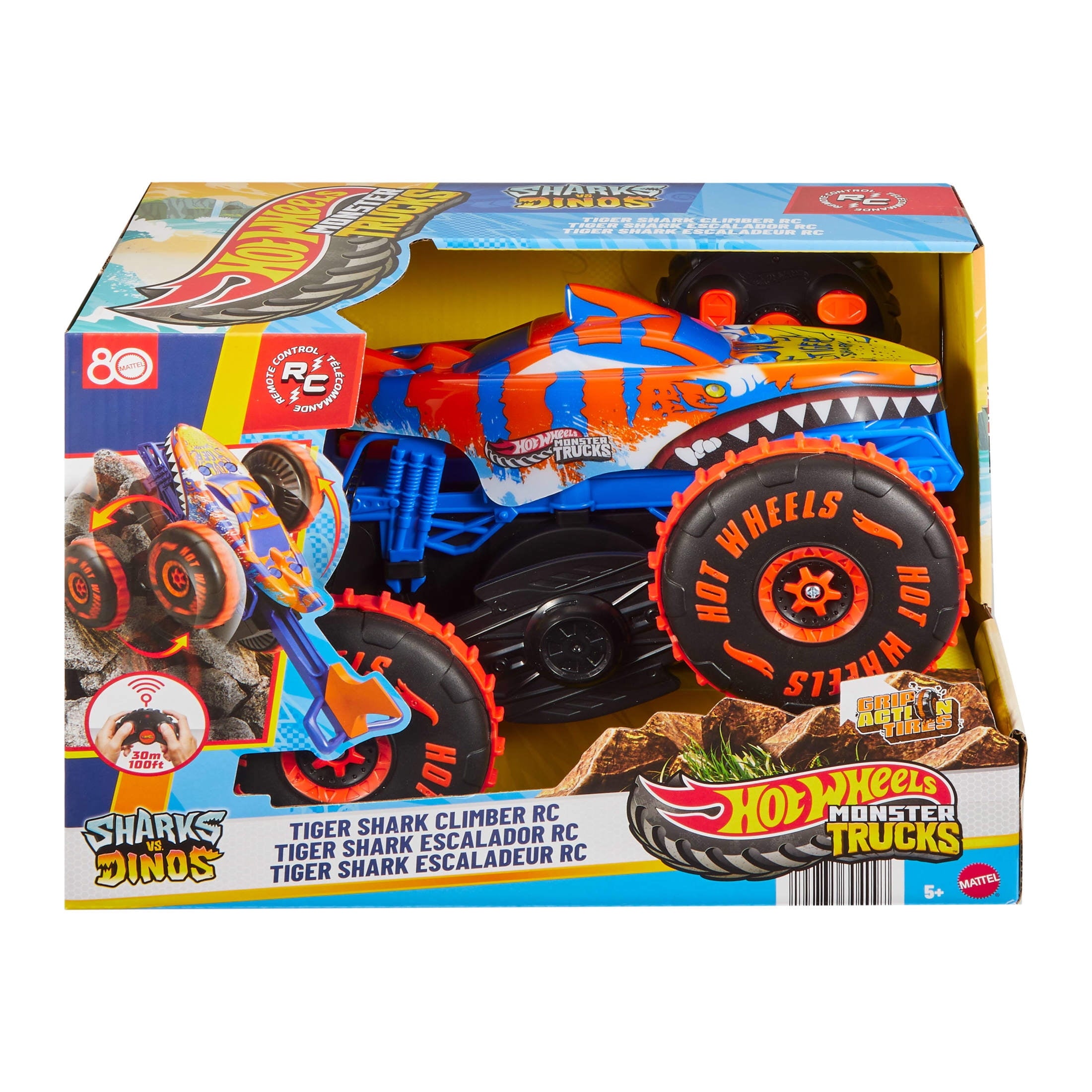 Hot Wheels Monster Trucks Tiger Shark Climber RC Vehicle, Battery-Powered Remote-Control Toy Truck