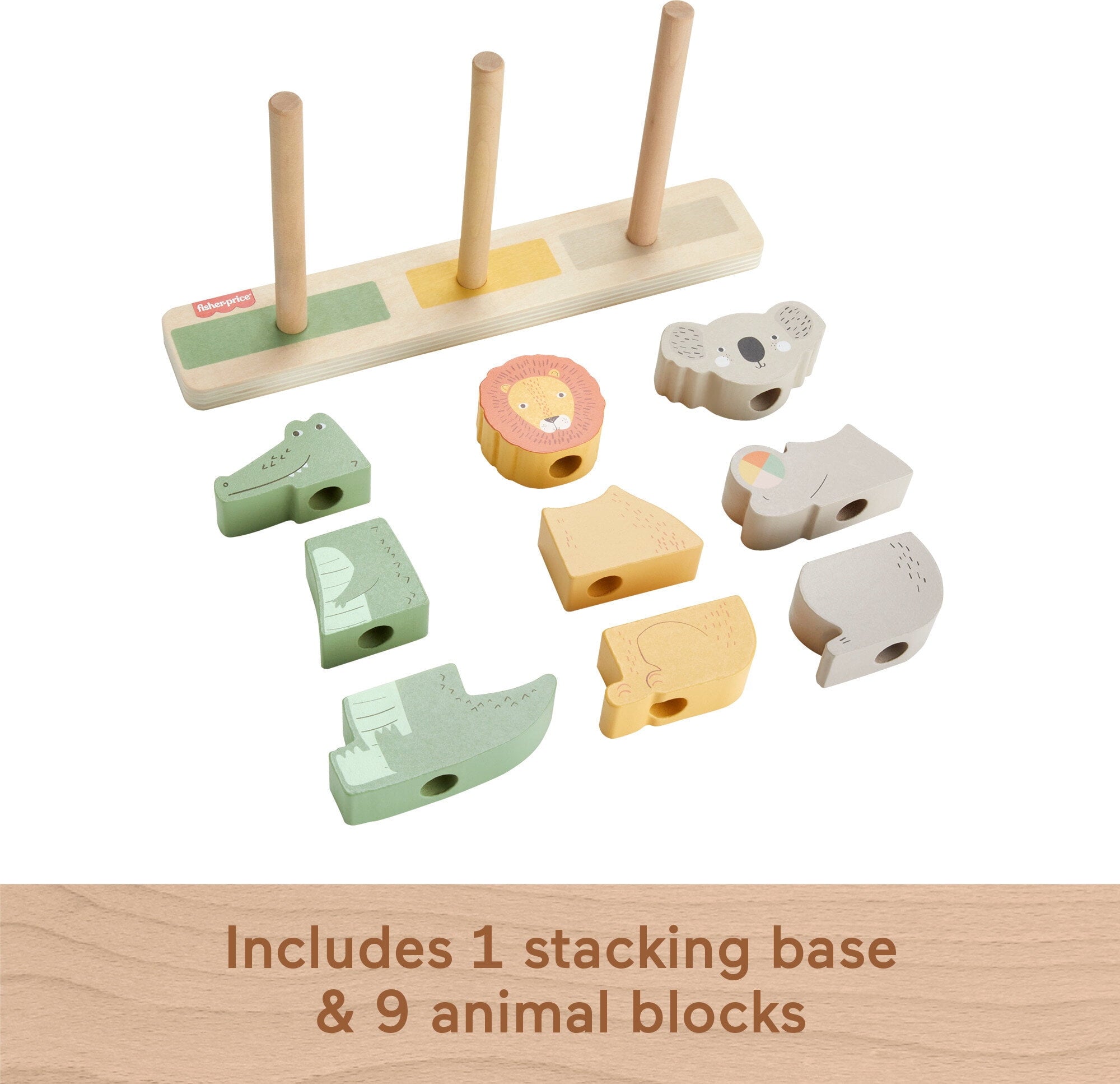 Fisher-Price Wooden Stack & Sort Animals Stacking Toy for Development Play, Baby & Toddler 1Y+, 10 Pcs