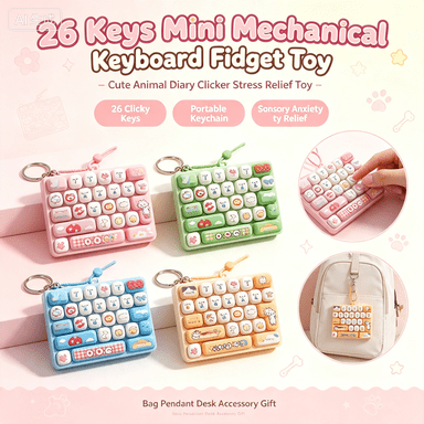 26 Keys Mini Mechanical Keyboard Fidget Toy, Cute Animal Diary Clicker Stress Relief Toy, Portable Bag Keychain Pendant