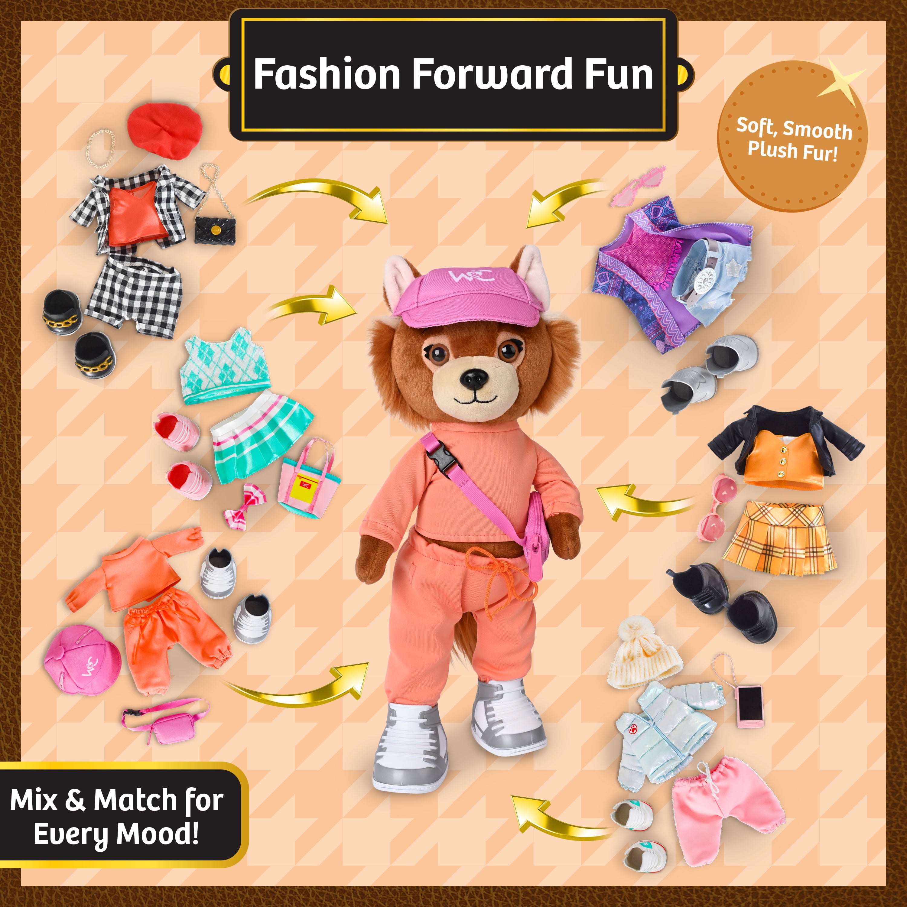 Woof & Co 15-inch Fashion Doll – Piper The Poseable Plush Chihuahua with Removable Outfit & Accessories, Children Ages 3+