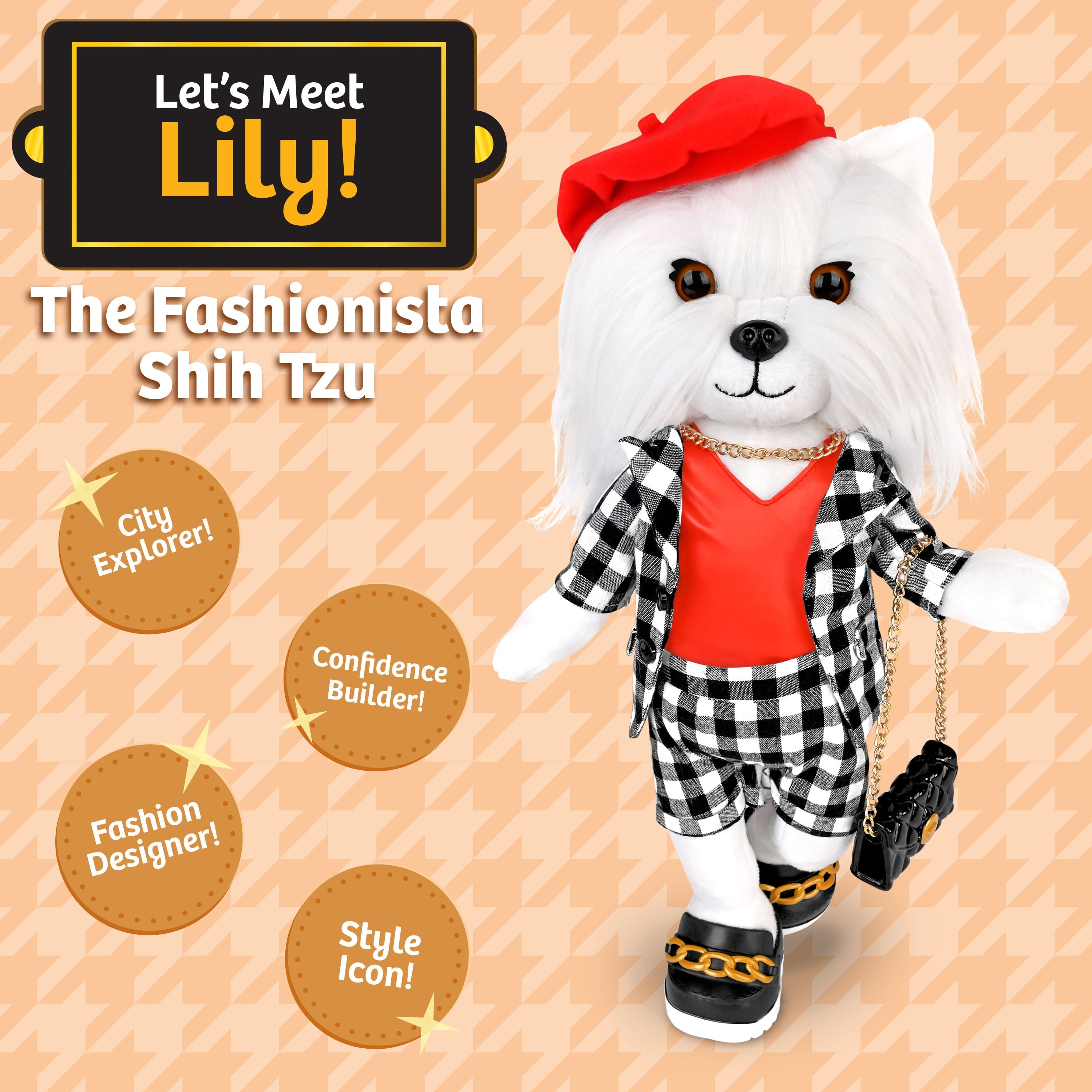 Woof & Co 15-inch Fashion Doll – Lily The Poseable Plush Shih Tzu with Removable Outfit & Accessories, Children Ages 3+
