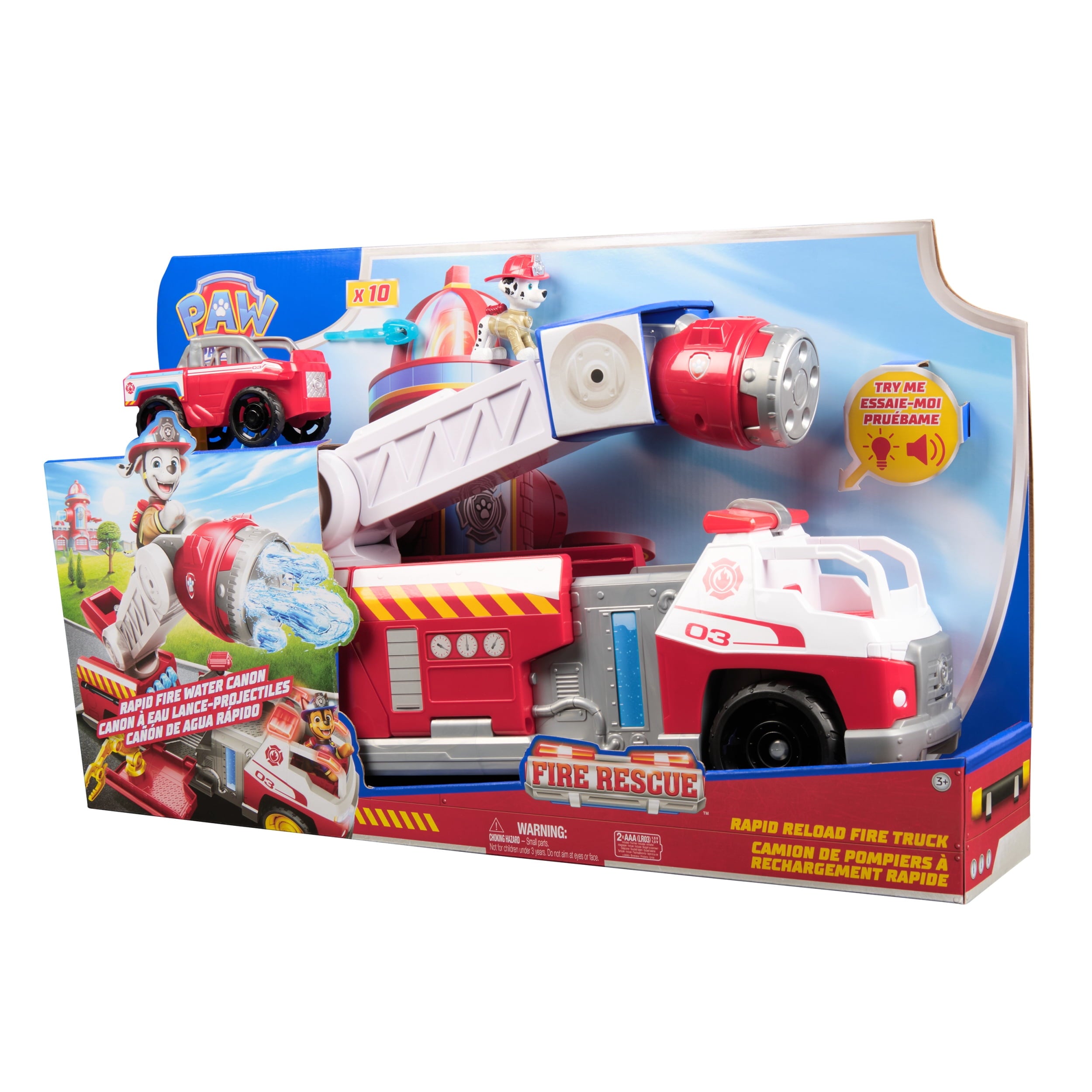 PAW Patrol Fire Rescue: Rapid Reload Fire Truck with Marshall, Projectile Launcher, Mini Vehicle & Sound Fx, for Kids 3+