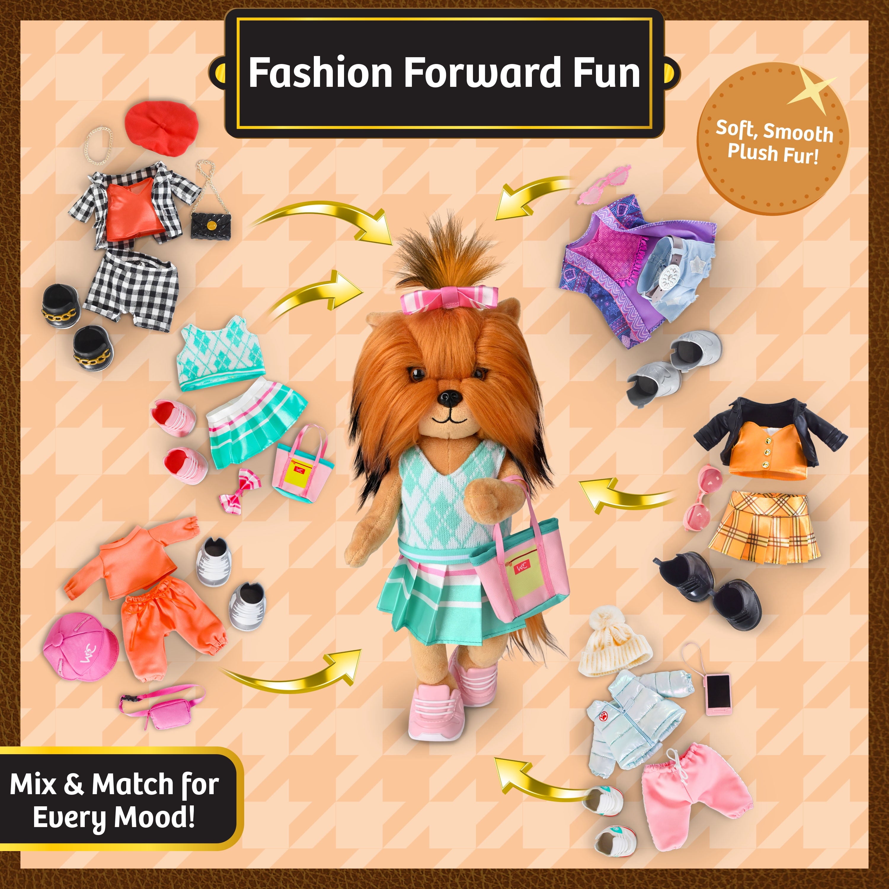 Woof & Co 15-inch Fashion Doll – Finley The Poseable Plush Yorkshire Terrier with Removable Outfit & Accessories, Children Ages 3+