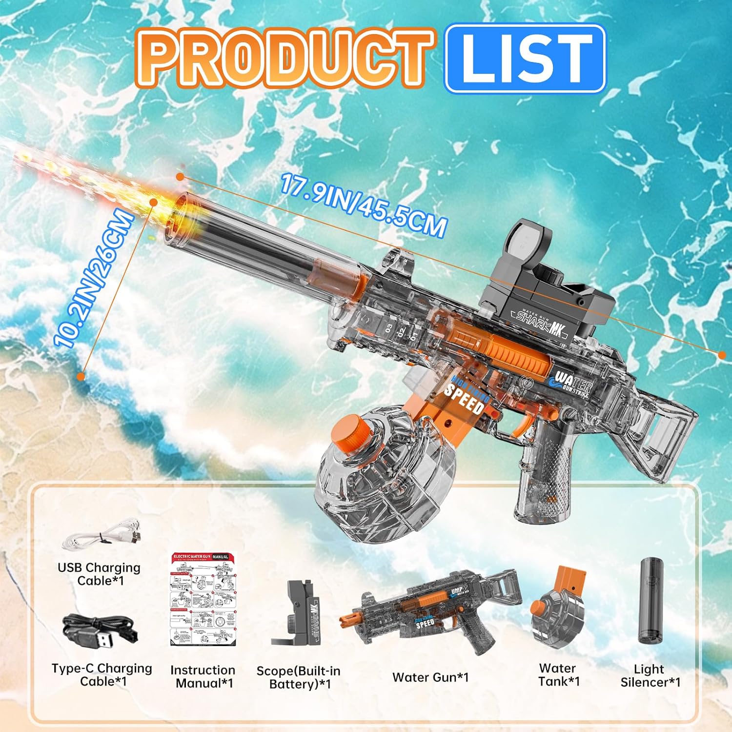 Electric Water Blaster with LED Light – Transparent Rechargeable Water Gun
