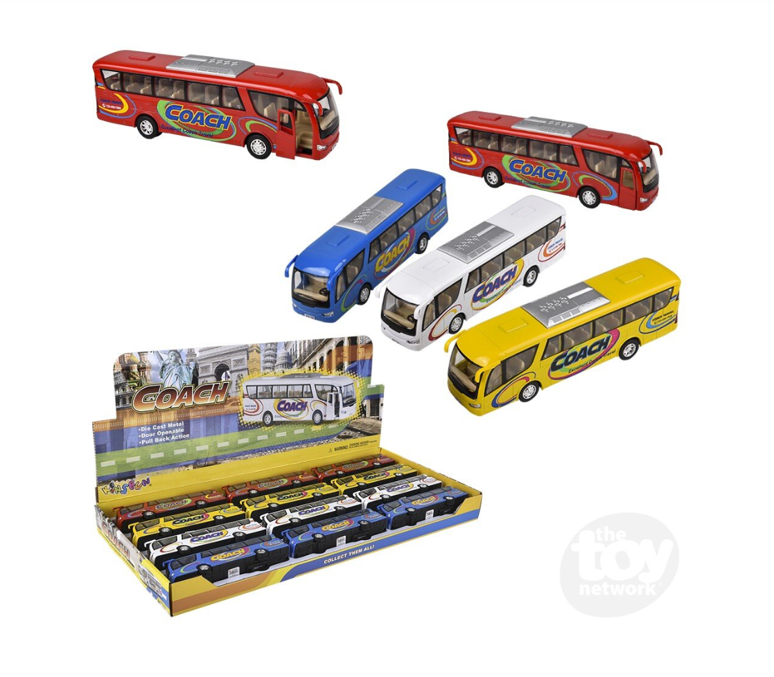 The Toy Network 7 Inch Die Cast Pull Back Coach Bus 1 Piece Random Color