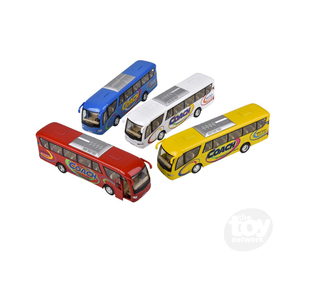 The Toy Network 7 Inch Die Cast Pull Back Coach Bus 1 Piece Random Color