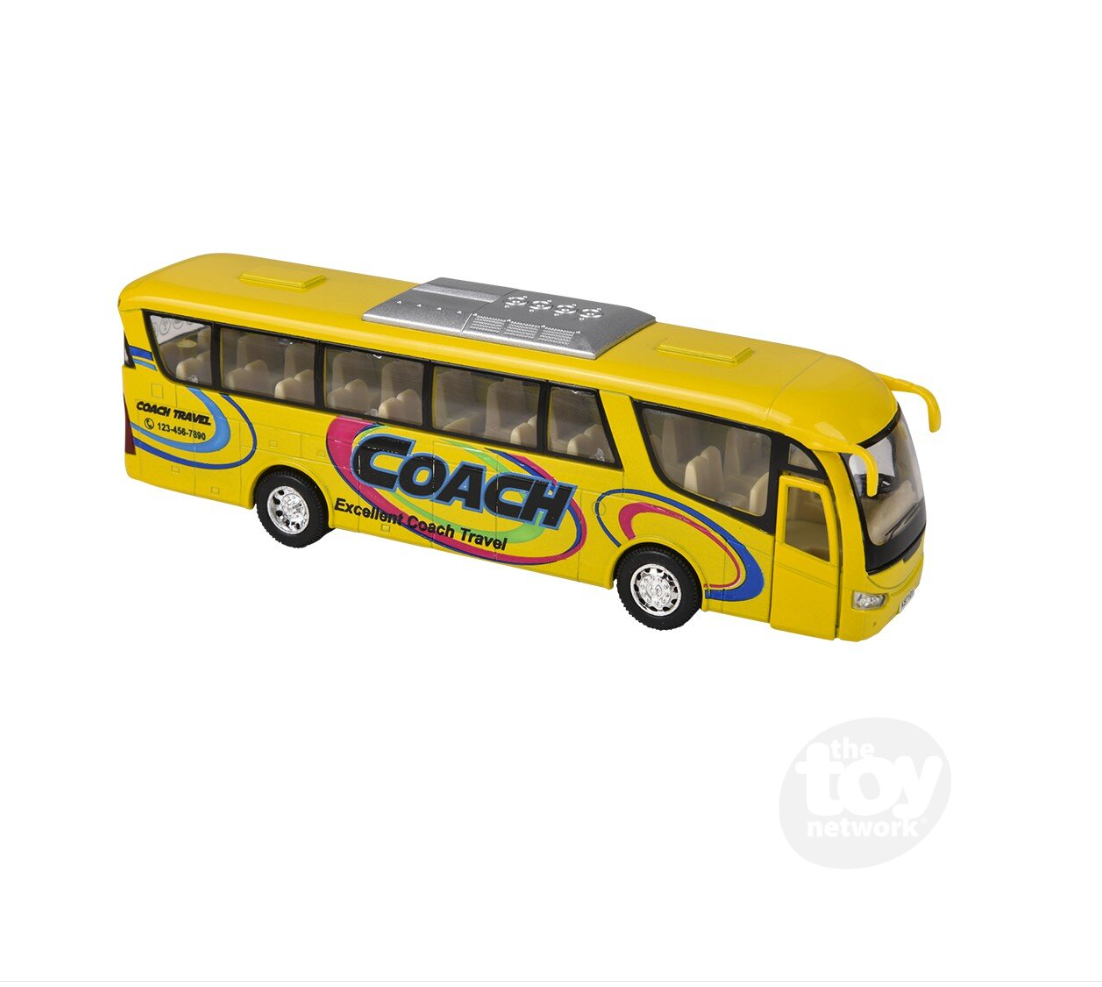 The Toy Network 7 Inch Die Cast Pull Back Coach Bus 1 Piece Random Color