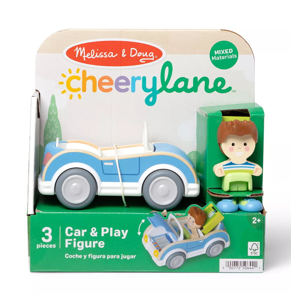 Melissa & Doug Cheery Lane Blue Car and Boy Figure 3 Piece Wooden Playset