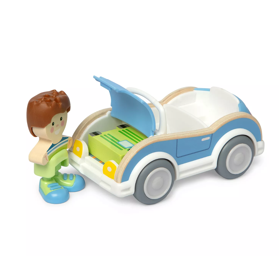 Melissa & Doug Cheery Lane Blue Car and Boy Figure 3 Piece Wooden Playset