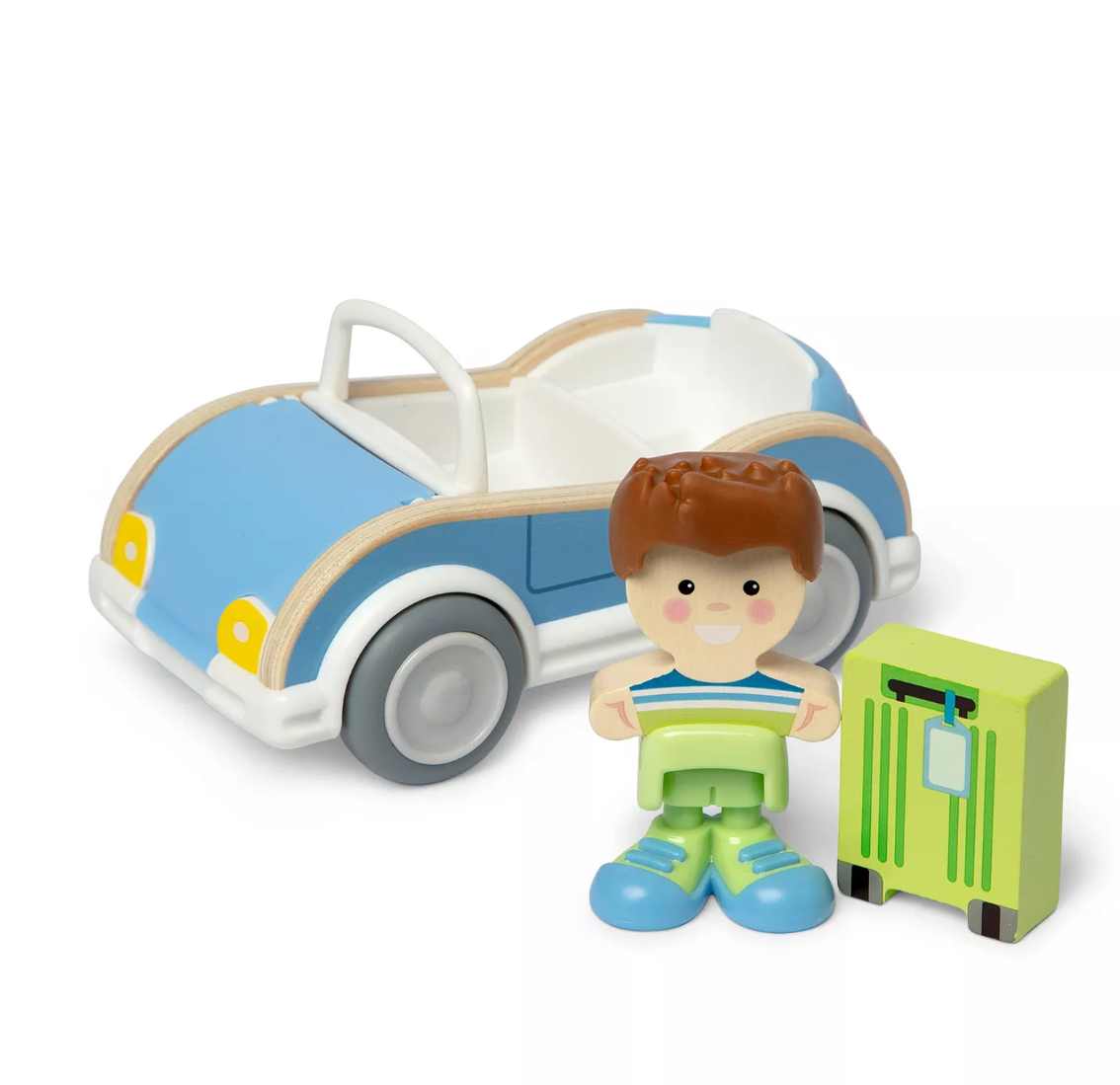 Melissa & Doug Cheery Lane Blue Car and Boy Figure 3 Piece Wooden Playset