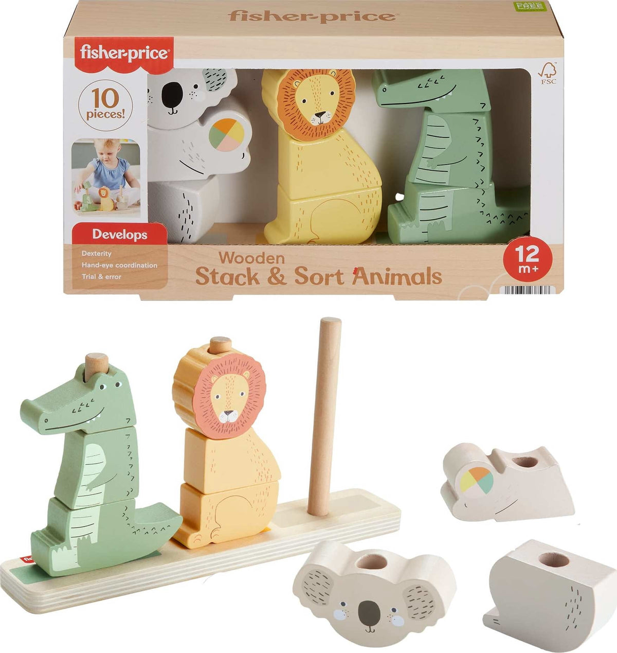 Fisher-Price Wooden Stack & Sort Animals Stacking Toy for Development Play, Baby & Toddler 1Y+, 10 Pcs