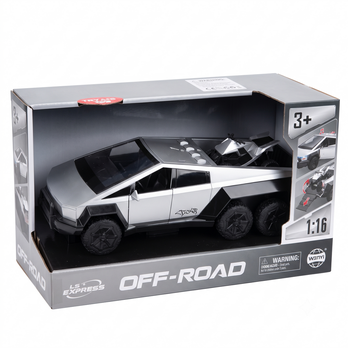 Cybertruck 1:24 scale silver diecast pickup toy with opening doors and sound light features
