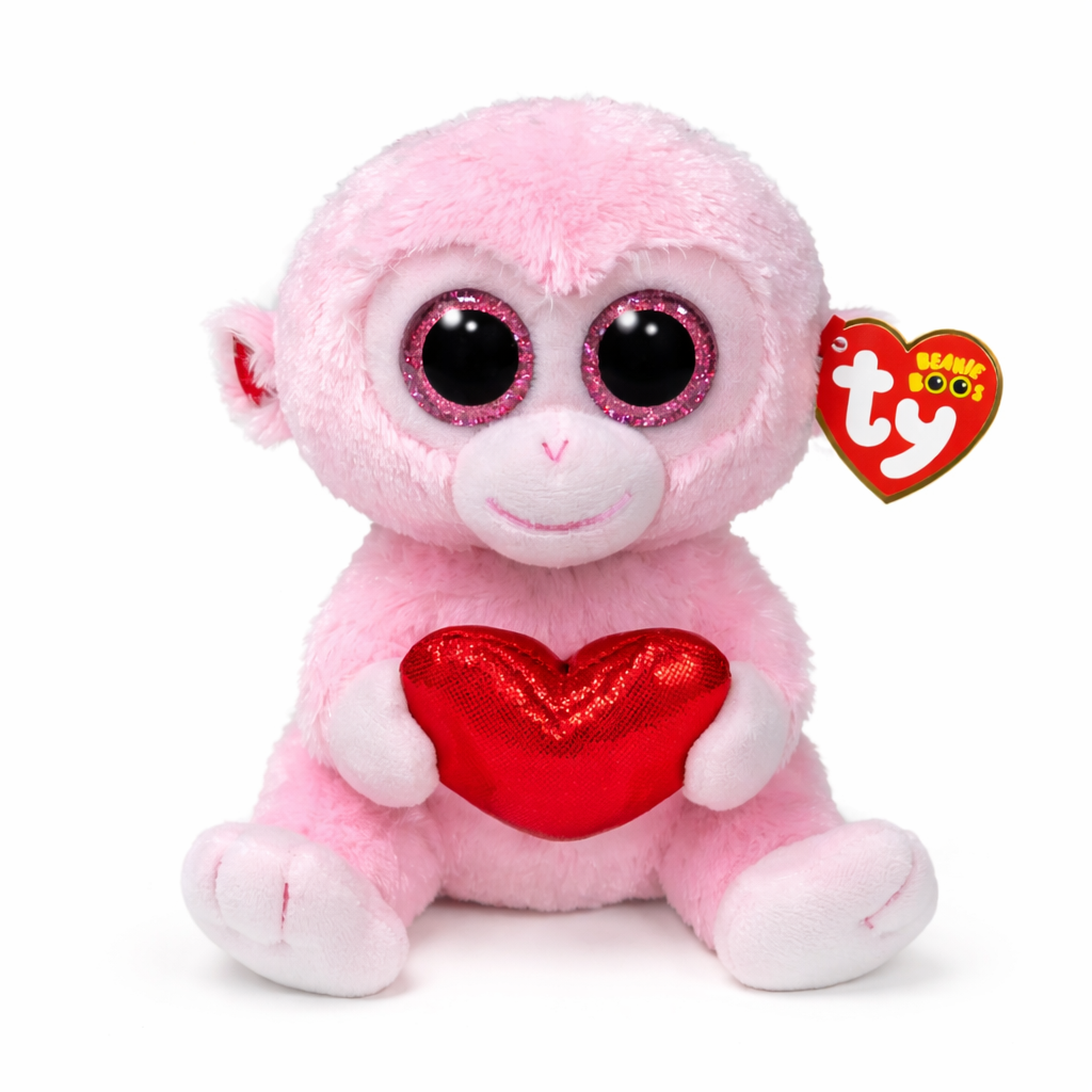 TY Gigi 6 inch Valentine plush pink monkey holding red heart

