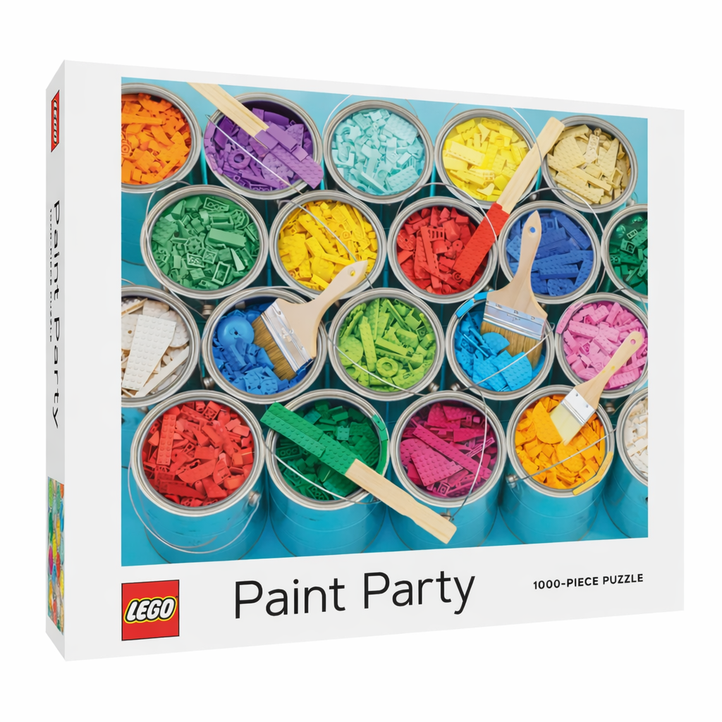 LEGO Paint Party 1000 piece puzzle with colorful LEGO bricks in paint cans