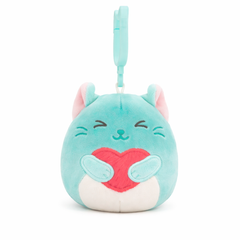 Squishmallows Val26 cat clip plush toy holding a heart with clip attachment
