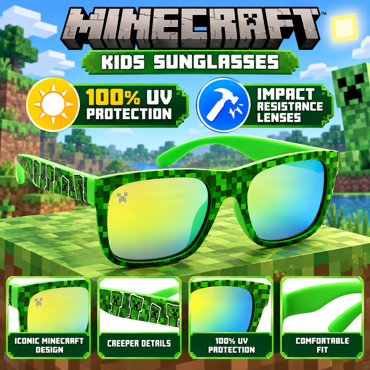 Minecraft Green Creeper kids sunglasses with pixel design