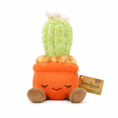 Green cactus plush toy with soft fabric pot and smiling face
