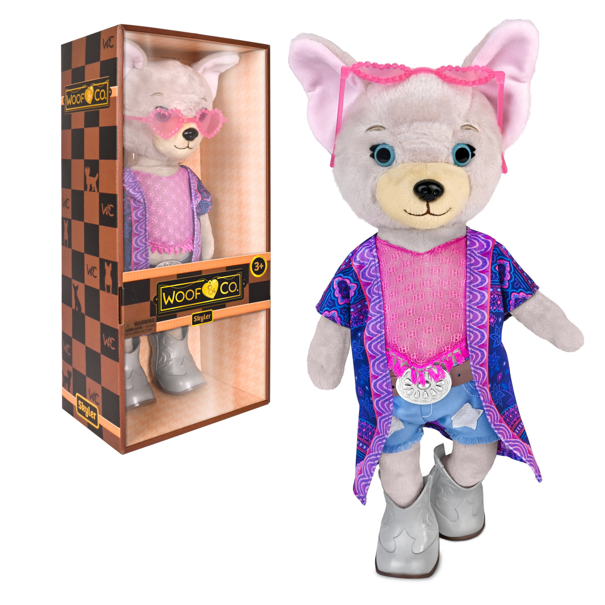 Woof & Co 15-inch Fashion Doll – Skyler The Poseable Plush French Bulldog with Removable Outfit & Accessories, Children Ages 3+