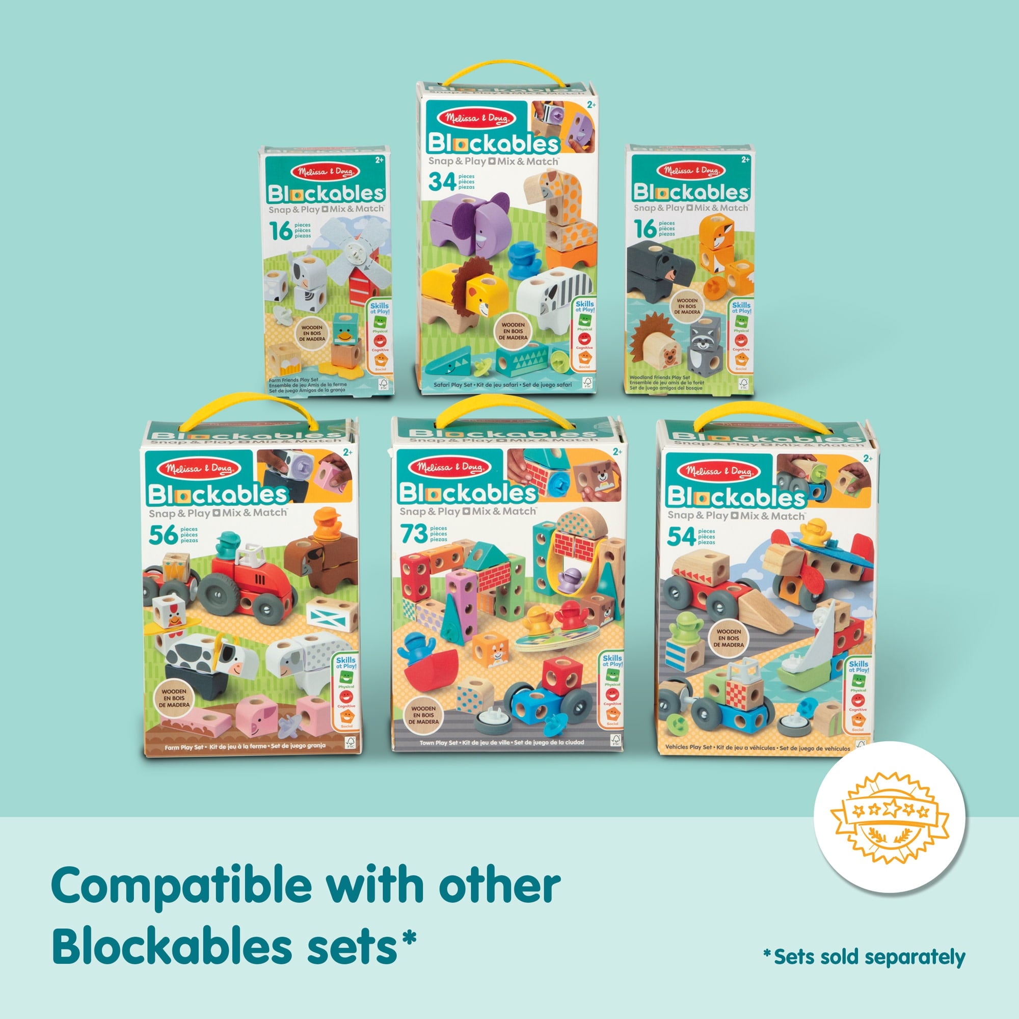 Melissa & Doug Blockables™ Farm Friends Snap And Play, Mix And Match Connectable Wooden Building Blocks Play Set Toy for Preschool Boys And Girls (16 Pcs)