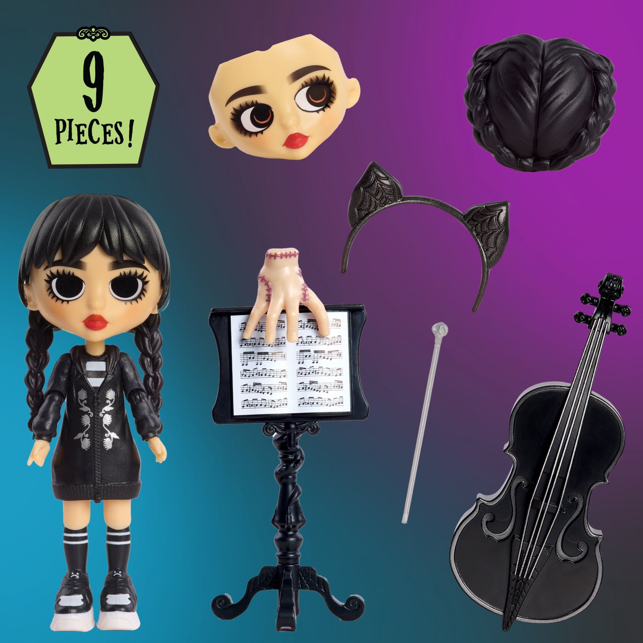 Wednesday Deluxe 6-inch Articulated Figure, 11-pieces, Interchangeable Face Plates and Fashion, Customizable Collectible Figurine, Kids Toys for Ages 3 Up
