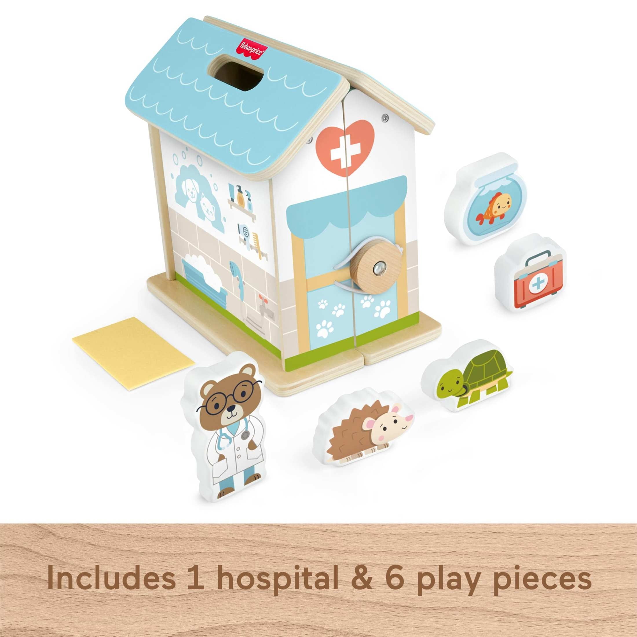 Fisher-Price Wooden On-The-Go Pet Animal Hospital Dollhouse with 6 Play Pieces for Preschool Kids Ages 3 and up