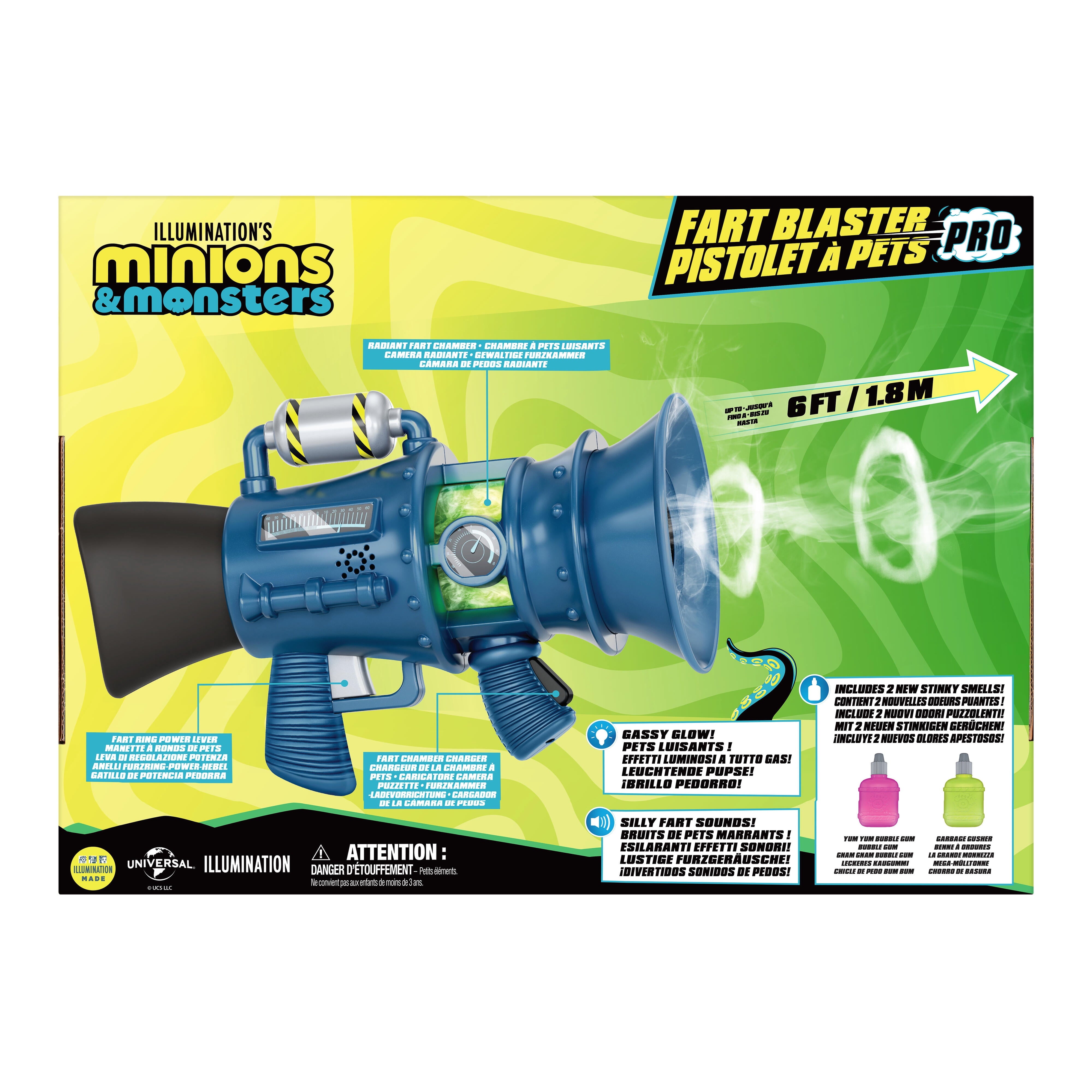 Minions & Monsters Fart Blaster Pro with 8 Stink Settings, Shoots Stinky Fart Rings up to 6' Away Includes 2 Different Scented Fart Formulas , Ages 4+