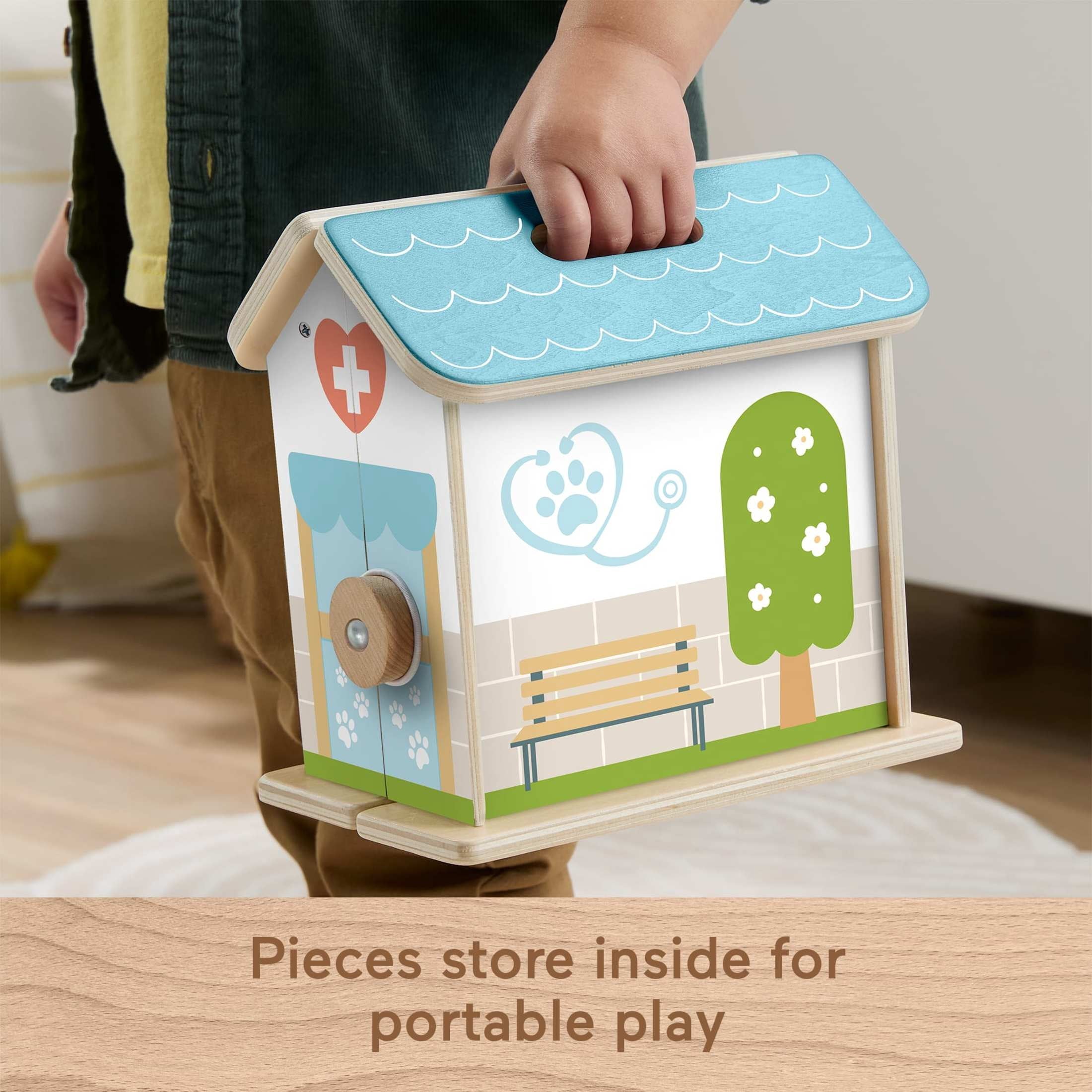 Fisher-Price Wooden On-The-Go Pet Animal Hospital Dollhouse with 6 Play Pieces for Preschool Kids Ages 3 and up