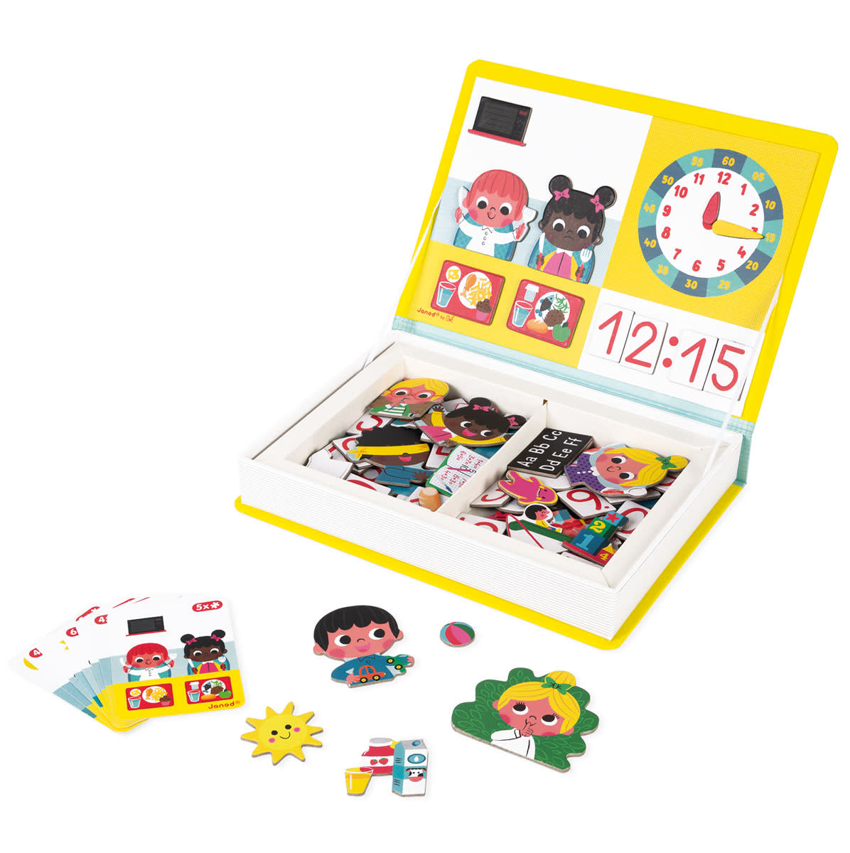 Janod Learn to Tell the Time Magneti'Book magnetic educational game with 75 magnets and 8 double-sided cards