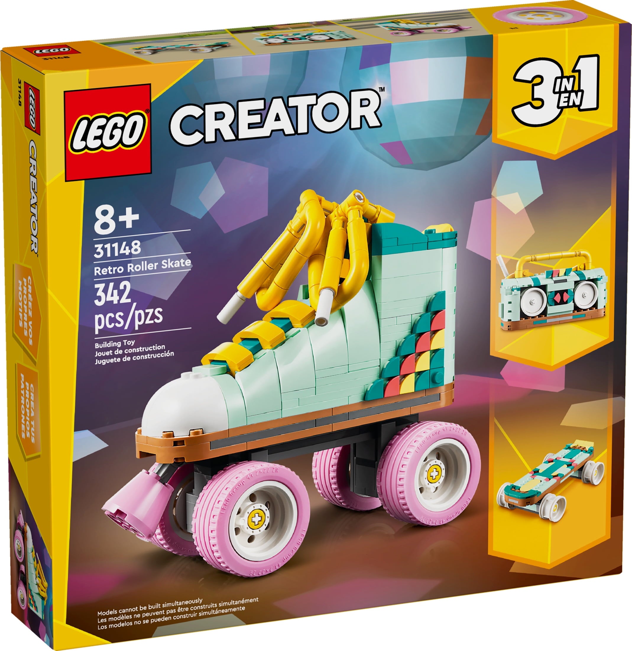 LEGO Creator 3 in 1 Retro Roller Skate Building Kit, Transforms from Roller Skate Toy to Mini Skateboard to Boom Box Radio, Birthday Gift for Skaters, Cool Toy for Boys and Girls Ages 8 and Up, 31148