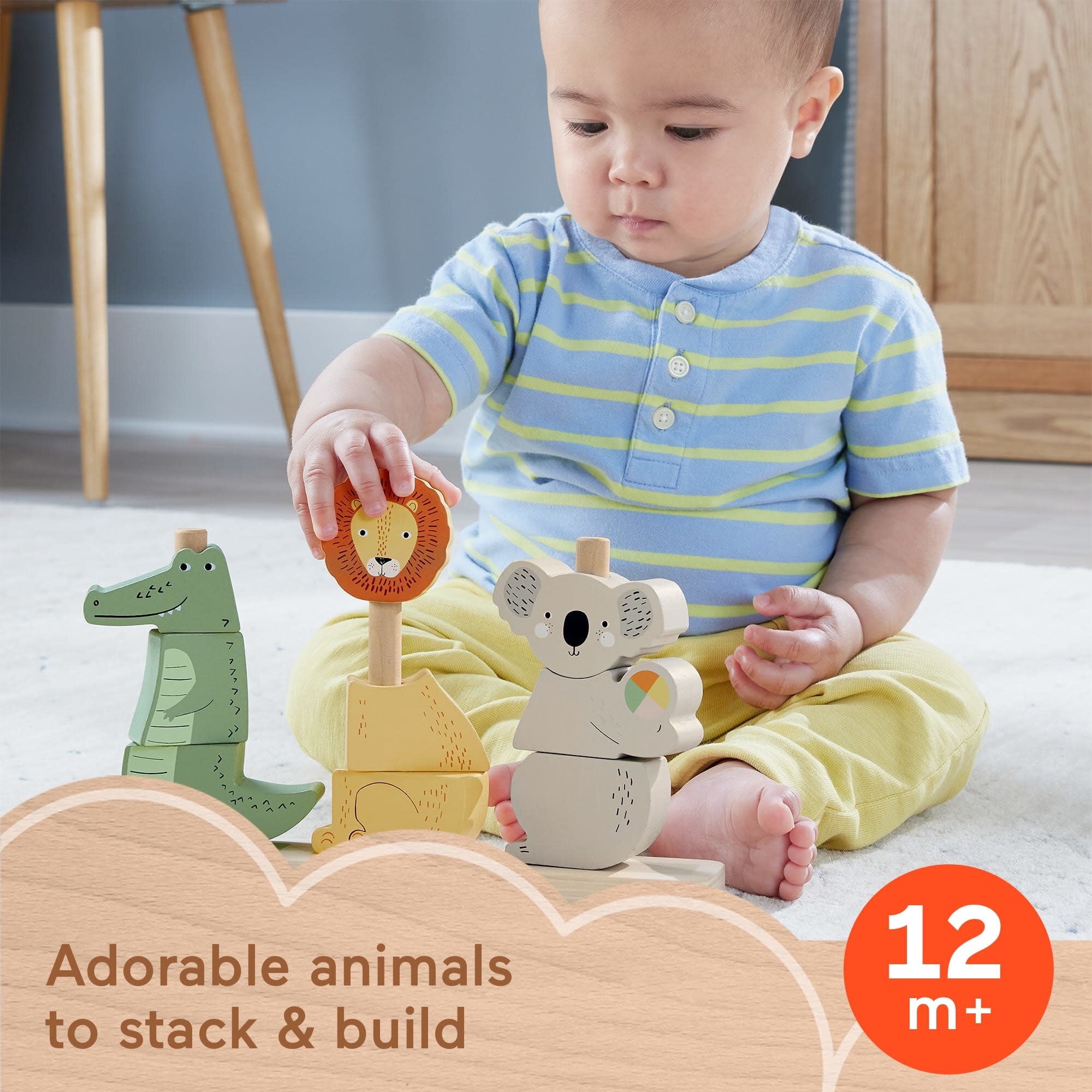 Fisher-Price Wooden Stack & Sort Animals Stacking Toy for Development Play, Baby & Toddler 1Y+, 10 Pcs
