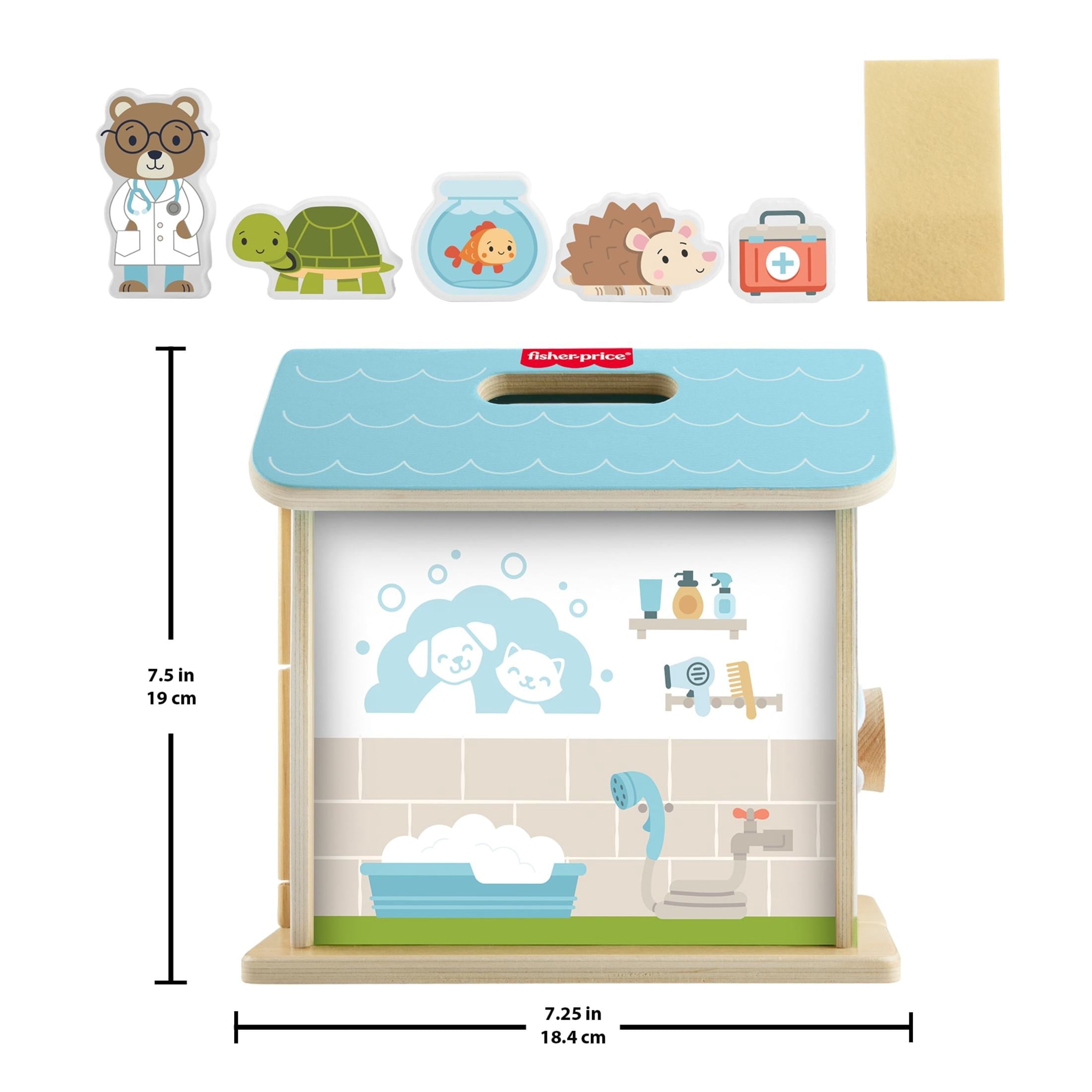 Fisher-Price Wooden On-The-Go Pet Animal Hospital Dollhouse with 6 Play Pieces for Preschool Kids Ages 3 and up